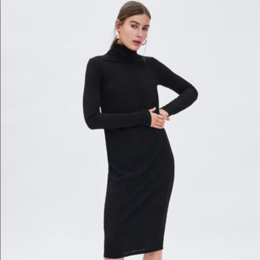 Zara black textured weave turtleneck midi dress, NWT, S